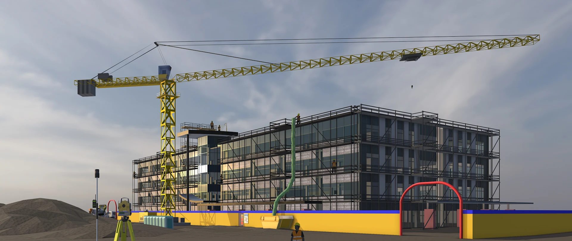 Modelo en SketchUp que muestra un perfil lateral detallado de un edificio comercial en construcción sobre el cual hay una grúa.