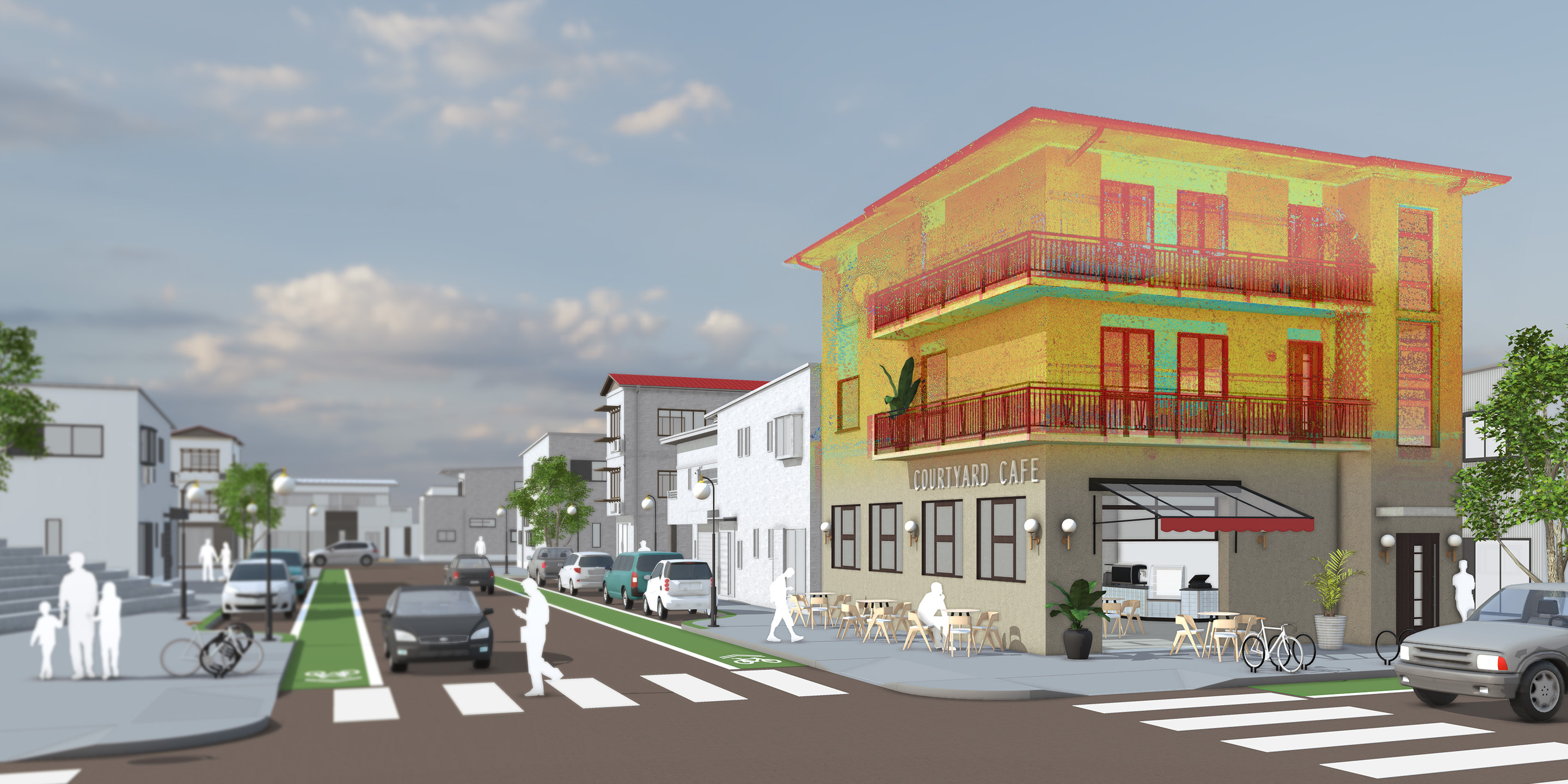 Modelo no SketchUp de uma rua com um edifício em nuvem de pontos e pedestres atravessando e caminhando pela rua.
