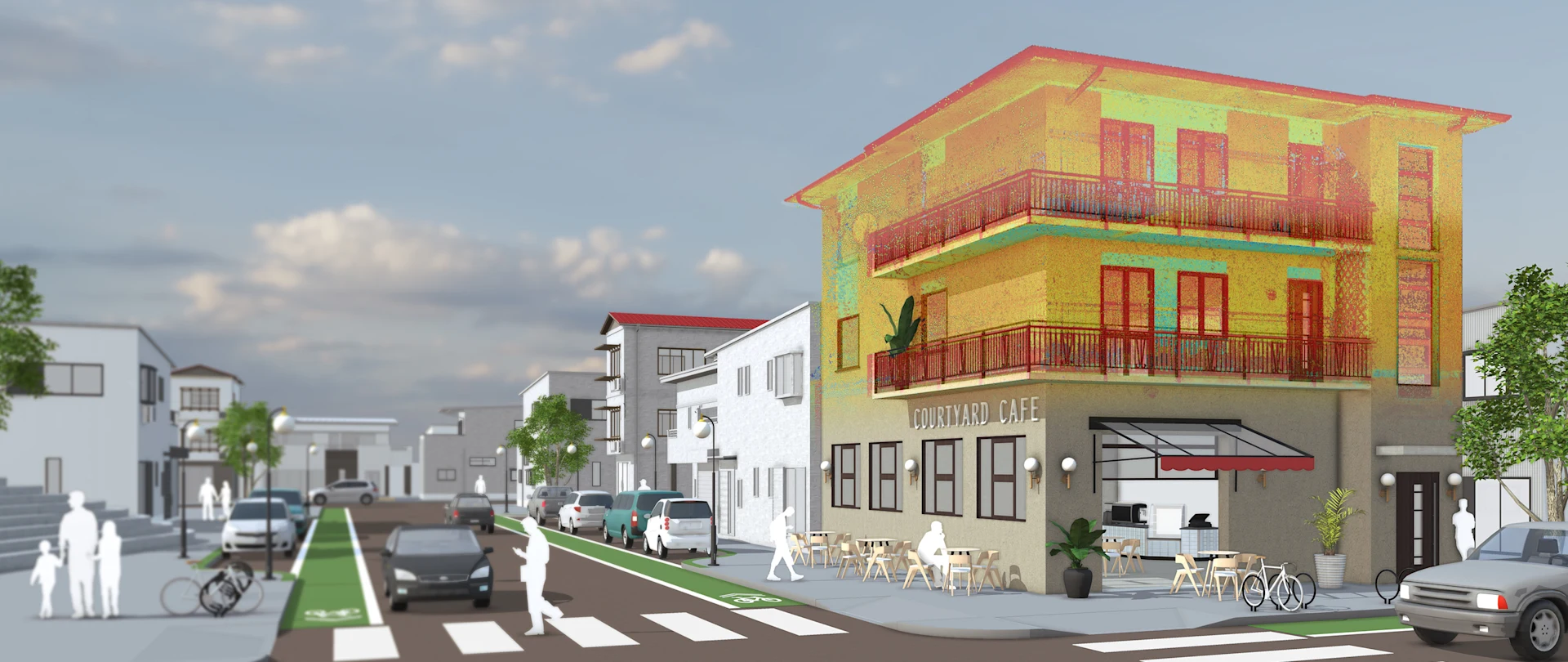 Modelo en SketchUp de una calle que muestra un edificio hecho de nubes de puntos. La zona circundante muestra peatones que cruzan la calle y caminan por ella.