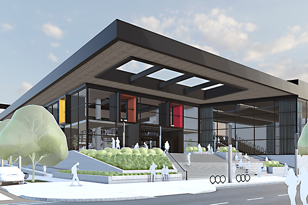 Modelo de SketchUp del exterior de un edificio moderno de madera y vidrio, con escalera, áreas verdes y gente caminando por la zona.