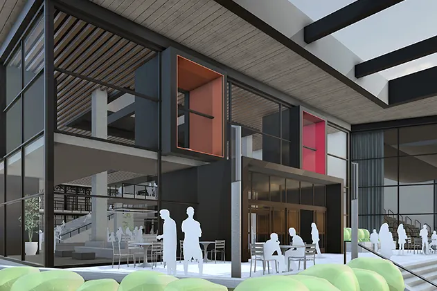 Close-up on a SketchUp render showing the entrance and patio of a commercial building with many windows, 2D scale figures, and some greenery.