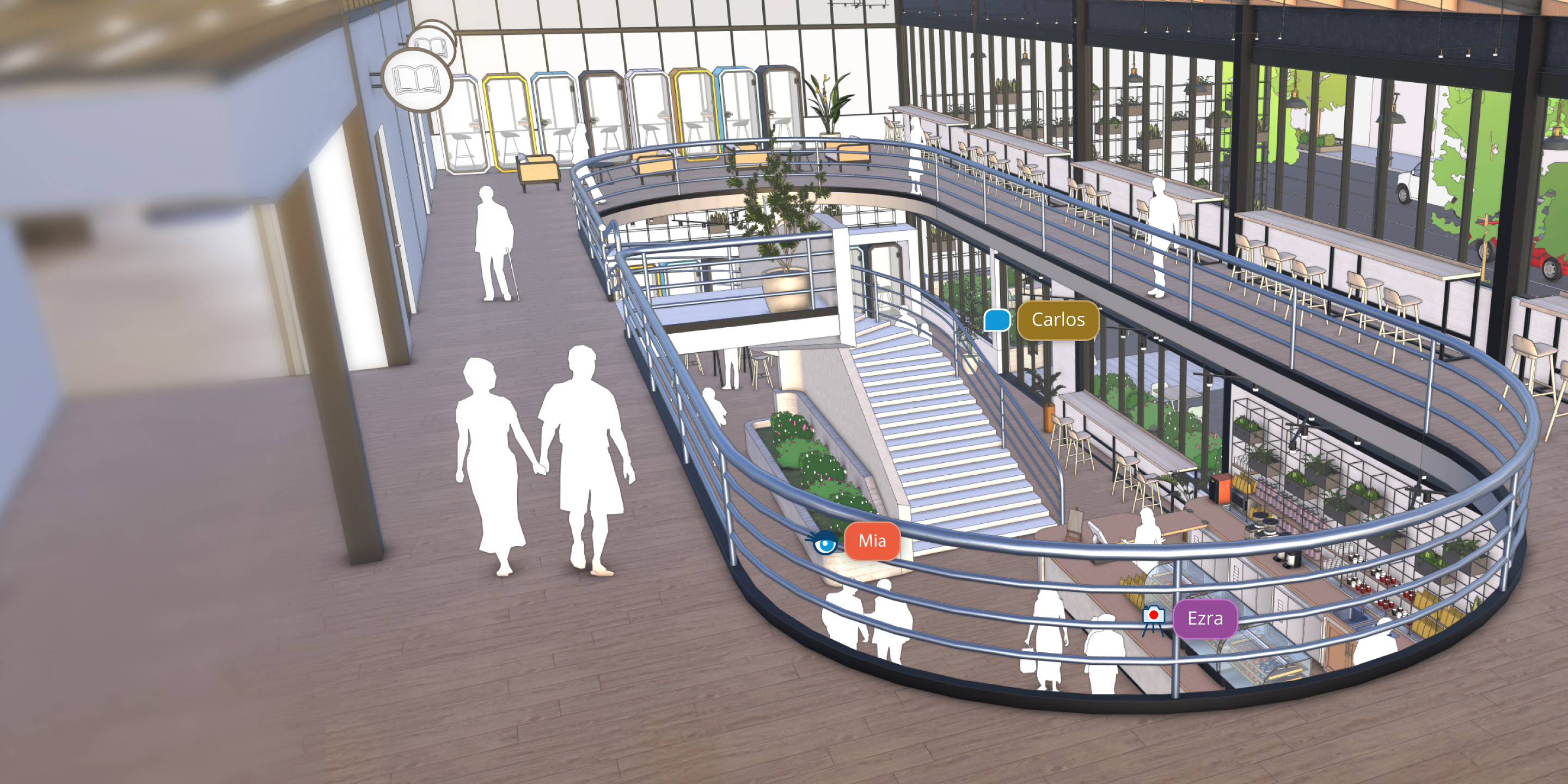 Vista interior de un edificio desde el primer piso, donde se ve una cafetería y se muestran herramientas de colaboración de SketchUp.