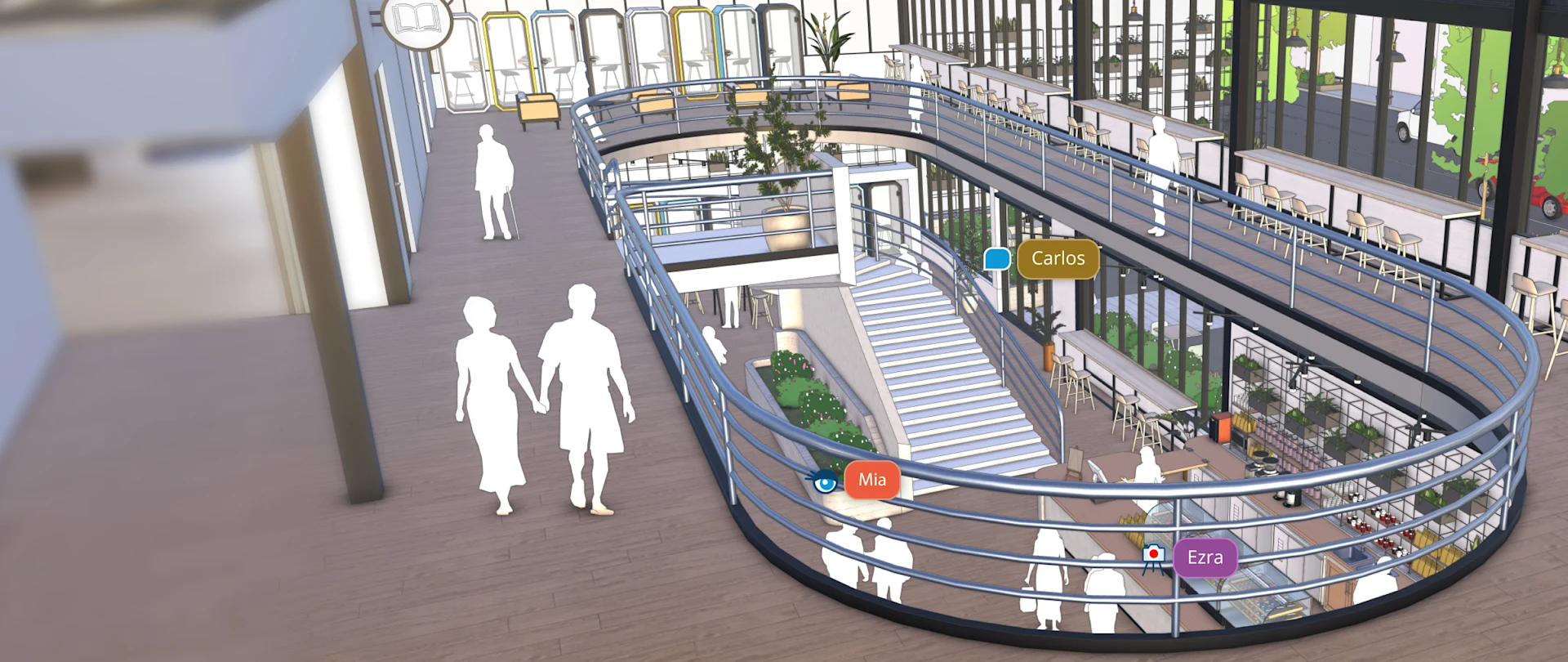 Vista interior de un edificio desde el primer piso, donde se ve una cafetería y se muestran herramientas de colaboración de SketchUp.
