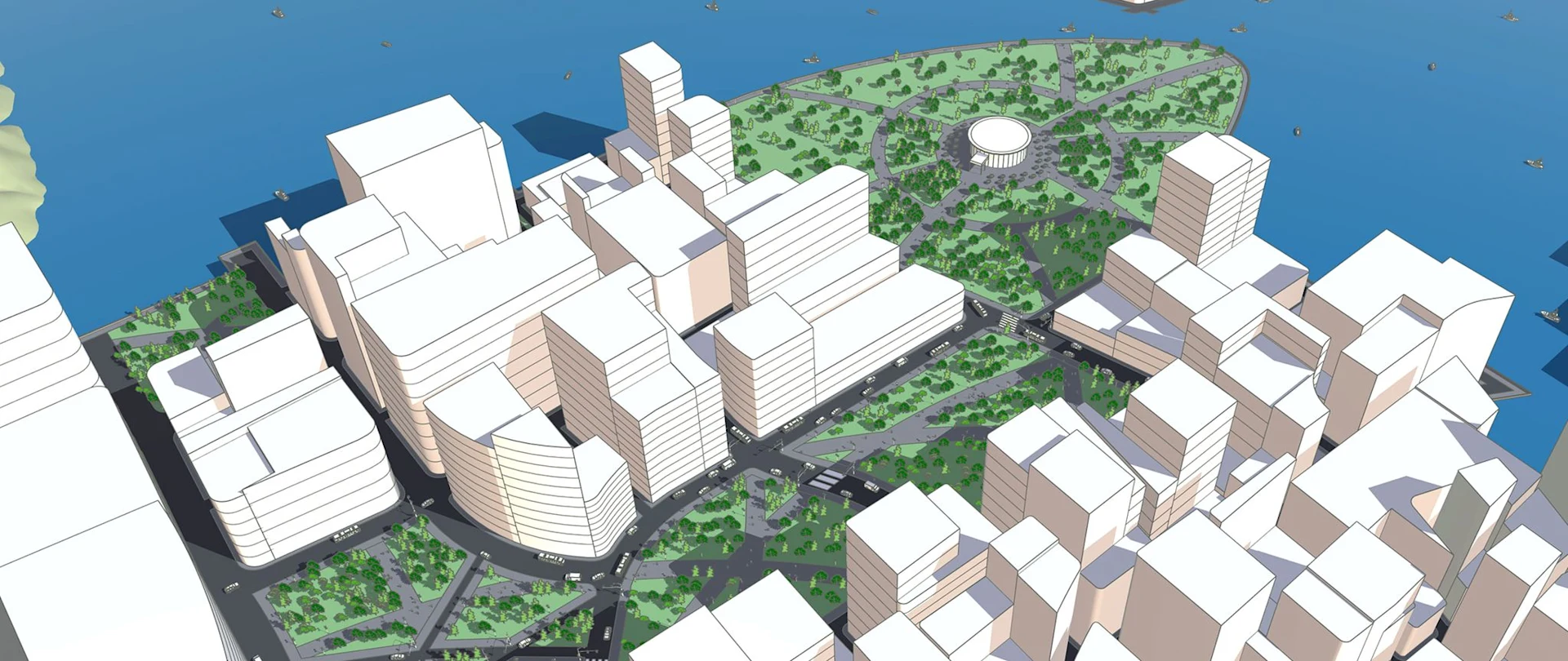 Modelo en SketchUp de una ciudad en una península, con muchos edificios altos, calles y espacios verdes, desde una vista panorámica.