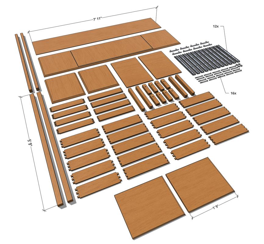 Cabinet Modeling; flat lay of pieces from cutlist