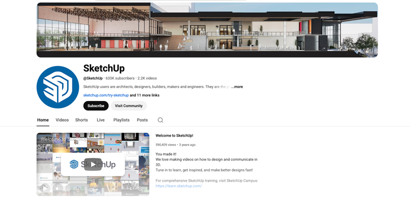 SketchUp YouTube channel homepage with design videos.