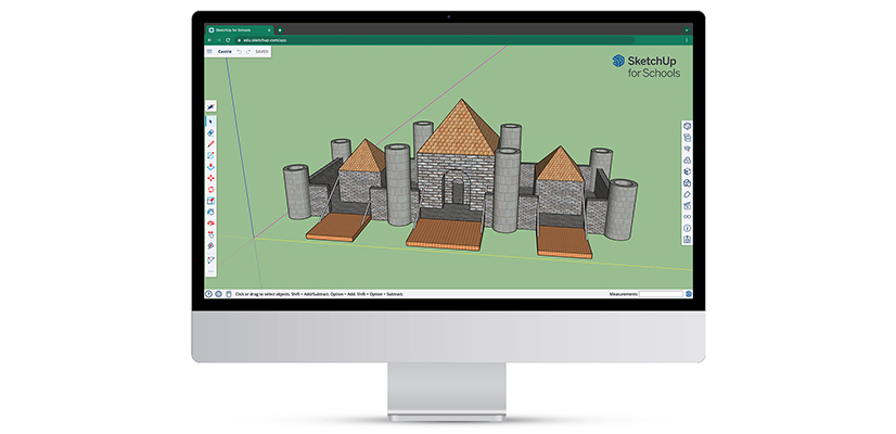 a computer monitor showing the SketchUp for Schools logo and a model of a brick castle-like structure.