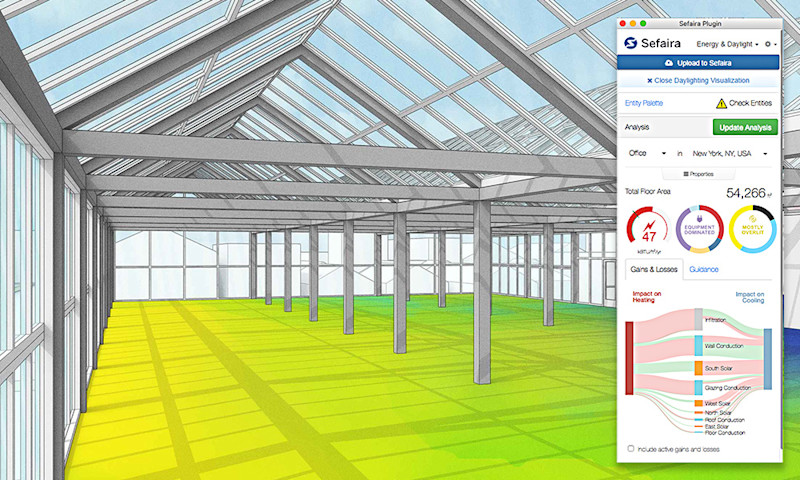 Modèle de bâtiment en 3D utilisant le plugin Trimble Sefaira pour l'analyse de l'éclairage naturel et de l'énergie, avec visualisation des performances par codes couleur.