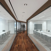 Render of an office with a wooden hallway and two glass-windowed office rooms on each side.