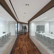 Render of an office with a wooden hallway and two glass-windowed office rooms on each side.
