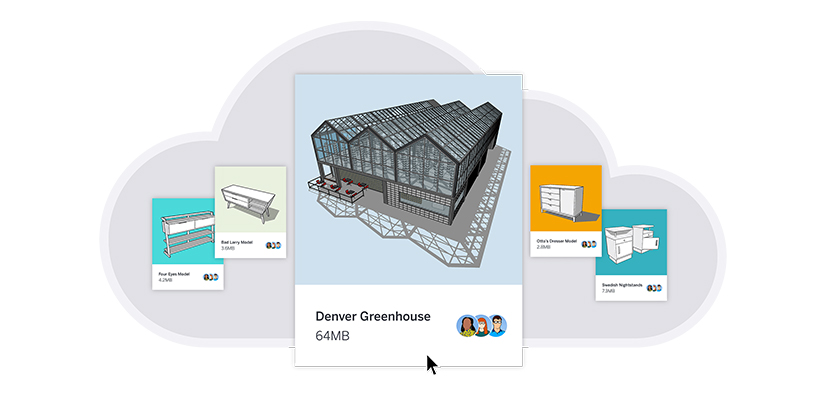 Interface em nuvem do Trimble Connect exibindo modelos 3D do SketchUp compartilhados e arquivos de projeto para colaboração em equipe.