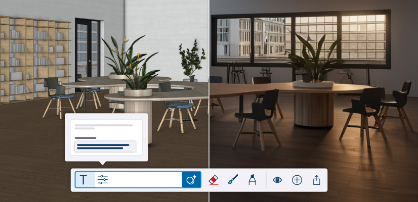 Split screen showing an interior room with one half showing the SketchUp model and the other half showing output created using AI Render.