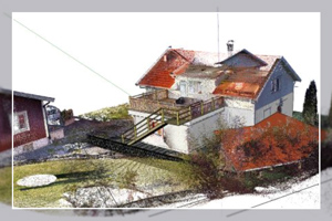 Punktwolkenscan einer Wohnhausfassade, der mit Trimble-Produkten erstellt wurde.