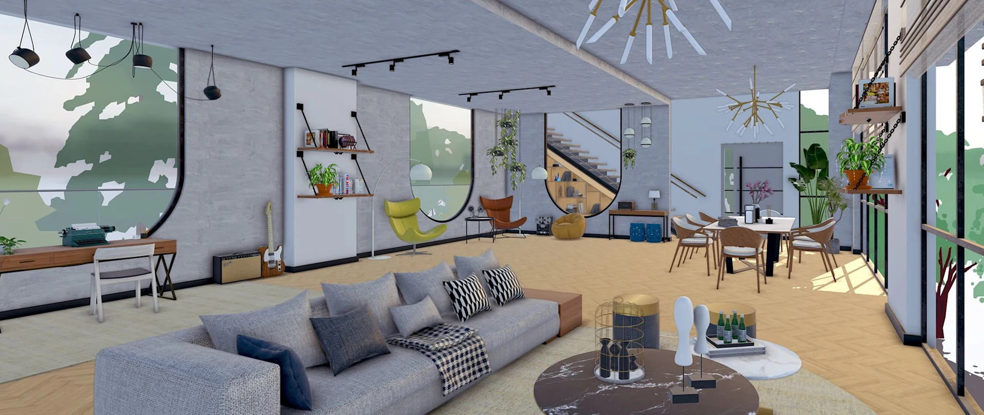 Modelo en SketchUp del interior de un espacio residencial con un sofá, mesa ratona, mesa de comedor, ventanas en U a lo largo de la pared, etc.