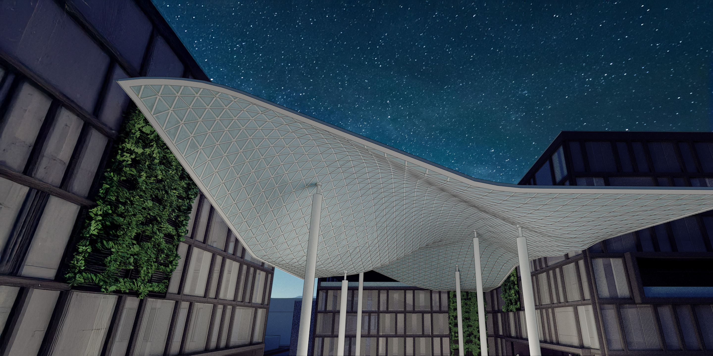 夜の街並みに立つ建物の間に、幾何学的なグリッド模様の波状キャノピーを白い柱で支えたデジタル レンダリング。