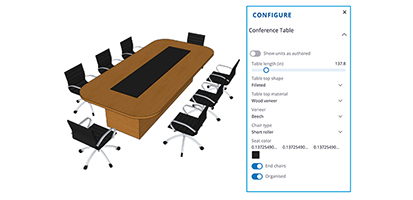 Live Components window next to a model of an office table surrounded by chairs.