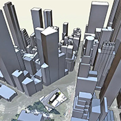 SketchUp model that is geolocated with tall 3D building skyscrapers.