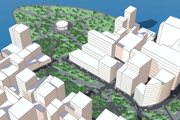 A SketchUp render showing an aerial view of a seaside cityscape illustrating an Urban Planning-focused design.