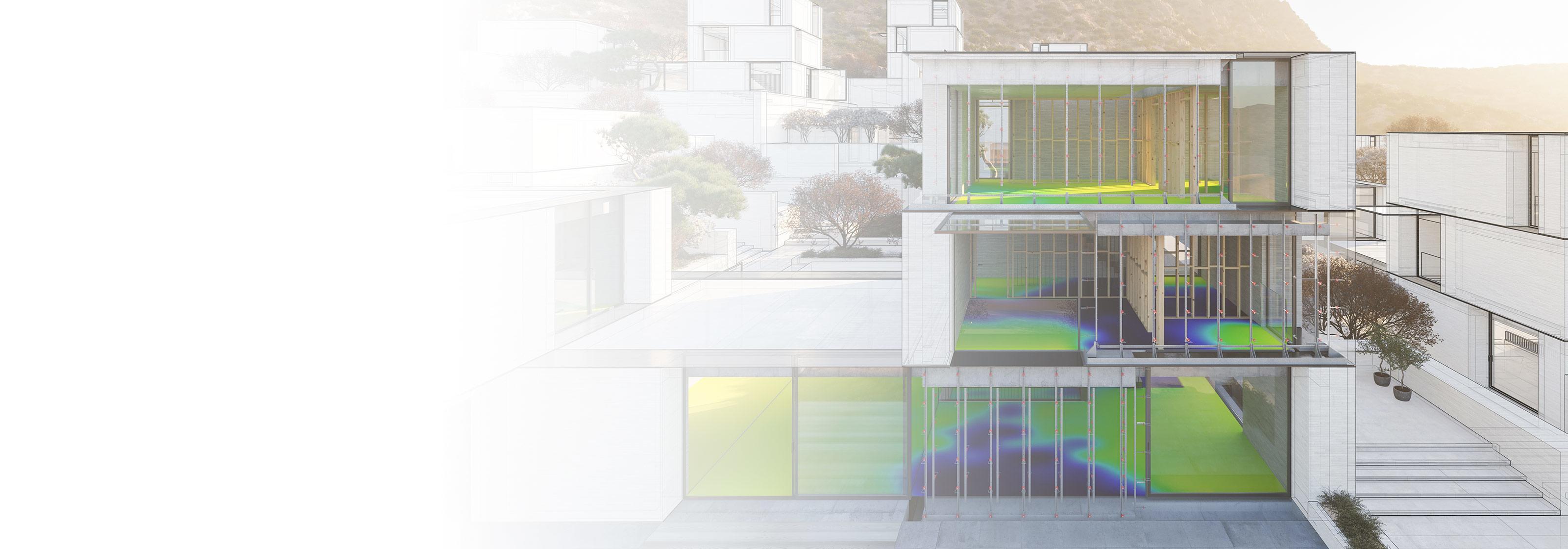 SketchUp 模型呈現了一棟施工中的房子的剖面圖，同時還疊加了一層熱圖