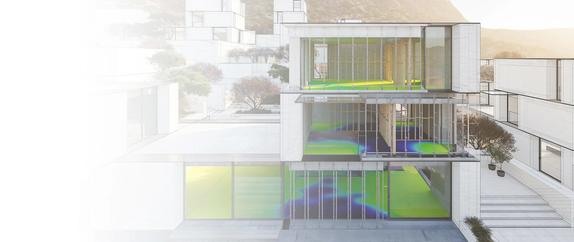 SketchUp model showing the side cut view of a house under construction with heat mapping overlayed