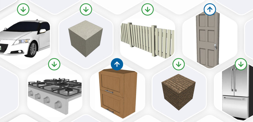 Grade de recursos do 3D Warehouse com itens como carro, fogão e componentes de construção, com indicadores de download e upload para usuários do SketchUp.