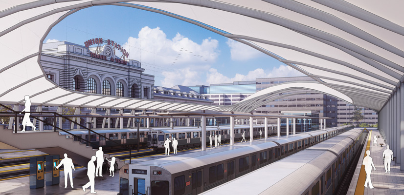 Photorealistic render of the Union Station train platform created with V-Ray.