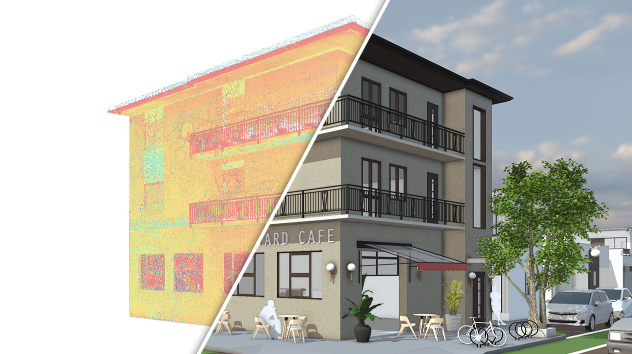 Un edificio multifuncional, la mitad representado por nubes de puntos y la otra mitad por un modelo de SketchUp.