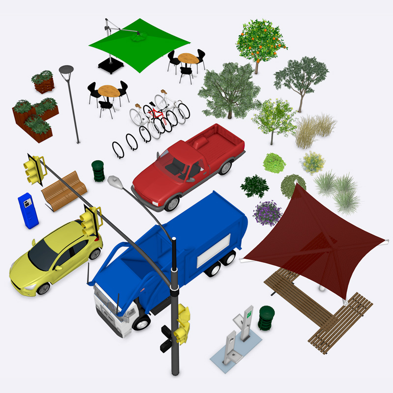 Vorgefertigte Modelle von Fahrzeugen, Bäumen, Möbeln usw. aus 3D Warehouse