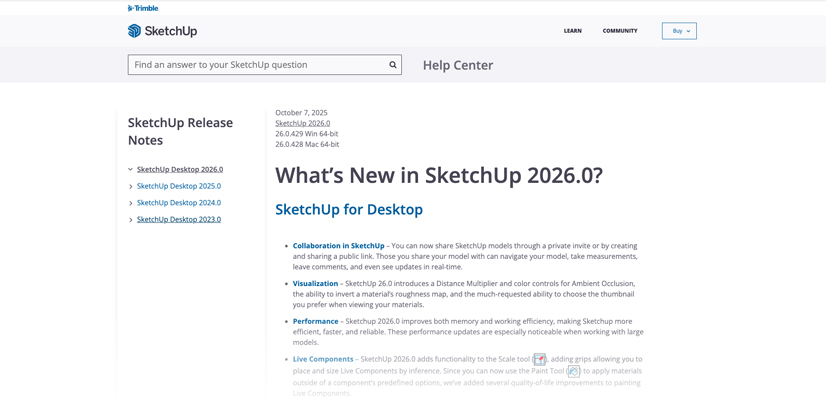 SketchUp Help Center page showing "What's New in SketchUp?