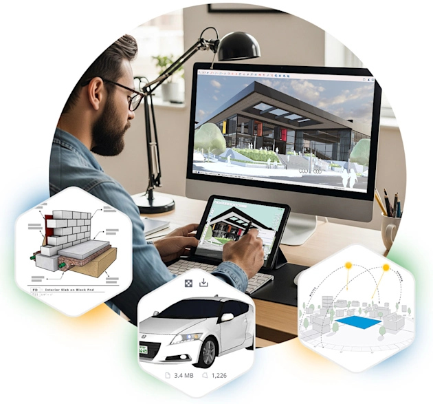 A man sitting in front of a computer with a SketchUp model open on the screen, working on the same model on an iPad. There are three hexagonal tiles overlaying the image with a model.