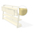 3D rendering of a wooden media unit with close up of rounded corner on a shelf.