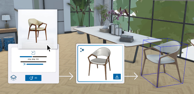 Image showing a representative SketchUp interface with the steps to add a chair with the Generate Object AI tool.