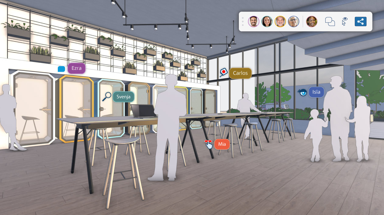 SketchUp model showing the new real-time viewing feature with multiple cursors exploring the model.