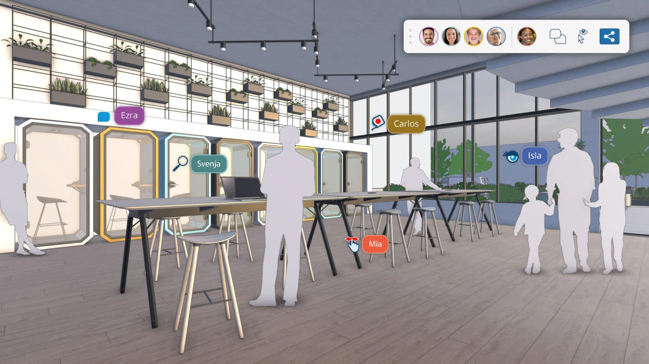 SketchUp model showing the new real-time viewing feature with multiple cursors exploring the model.