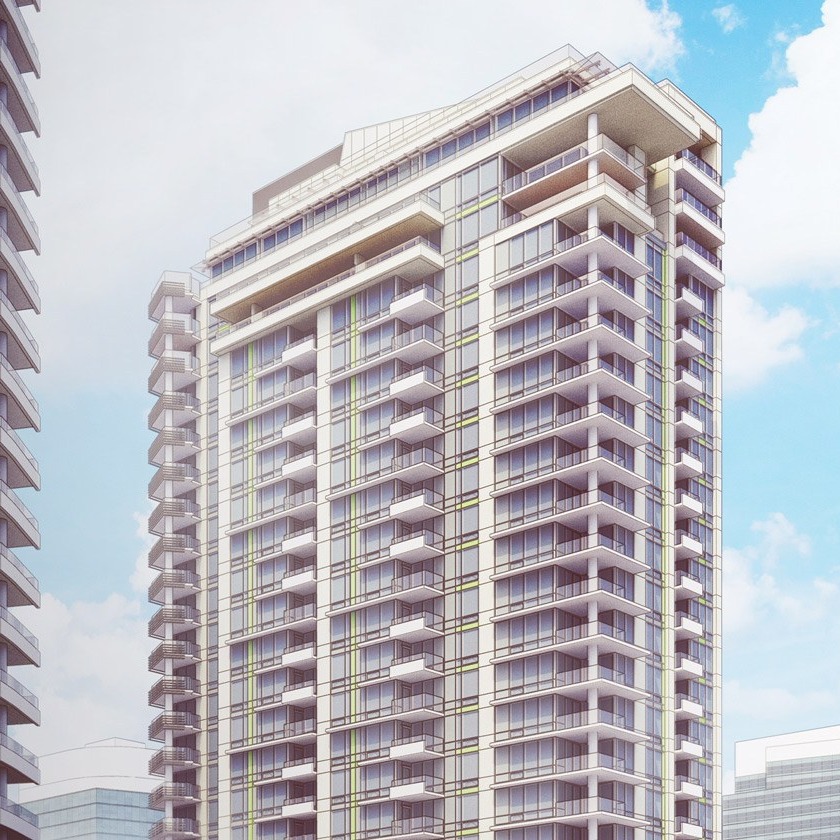 SketchUp 3D model of a tall apartment building detailed with windows and balconies.