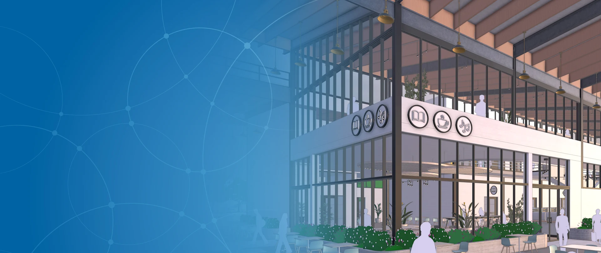 Modern architectural rendering of a community cafe with book, coffee, and music icons, silhouettes of people, and a blue Trimble geometric overlay.