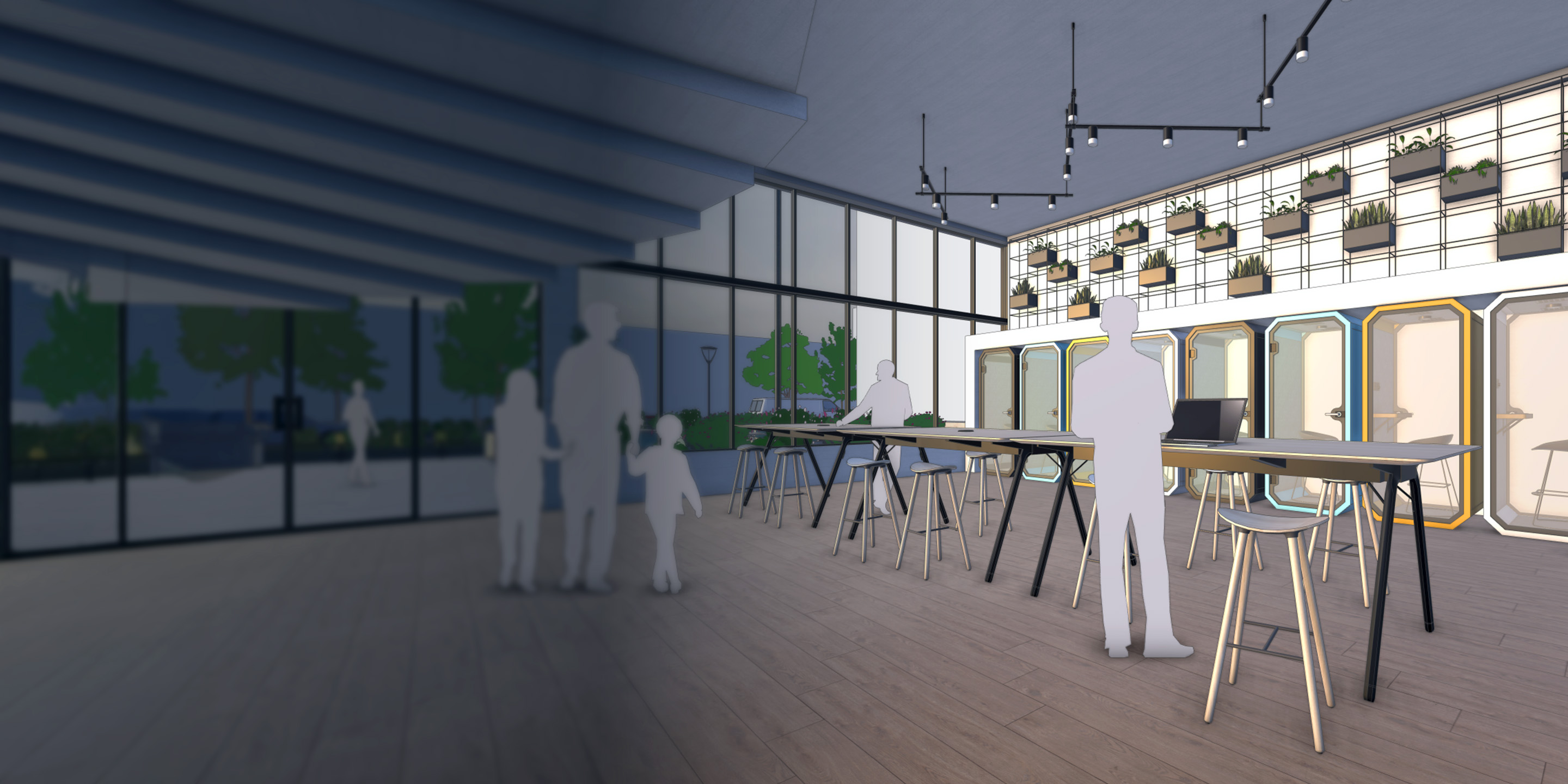 Модель SketchUp с показом барных стоек разной высоты, рабочих капсул в стиле телефонной будки и масштабных фигурок