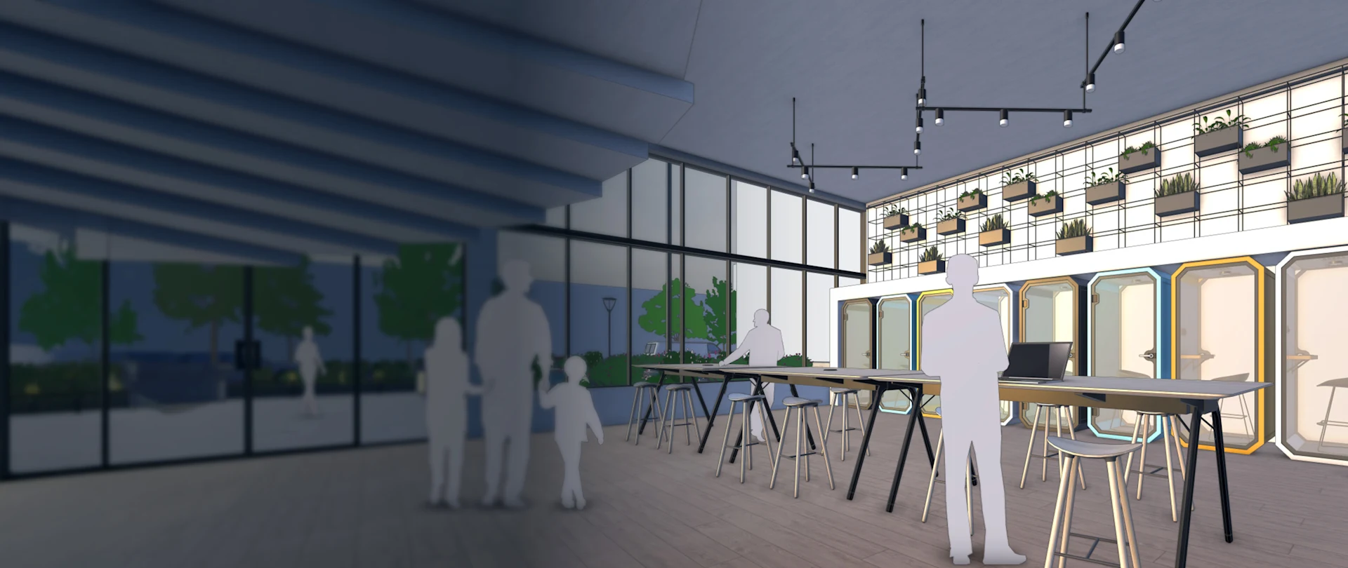 SketchUp 模型呈現了一些吧台高的桌子、電話亭式的工作艙,以及等比例人物