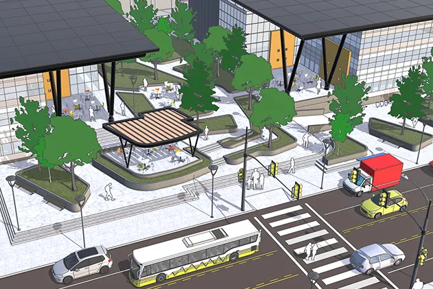 A SketchUp render showing an aerial view of a busy street and commercial building space with ample trees, green space, outdoor seating and thoughtful landscape design.