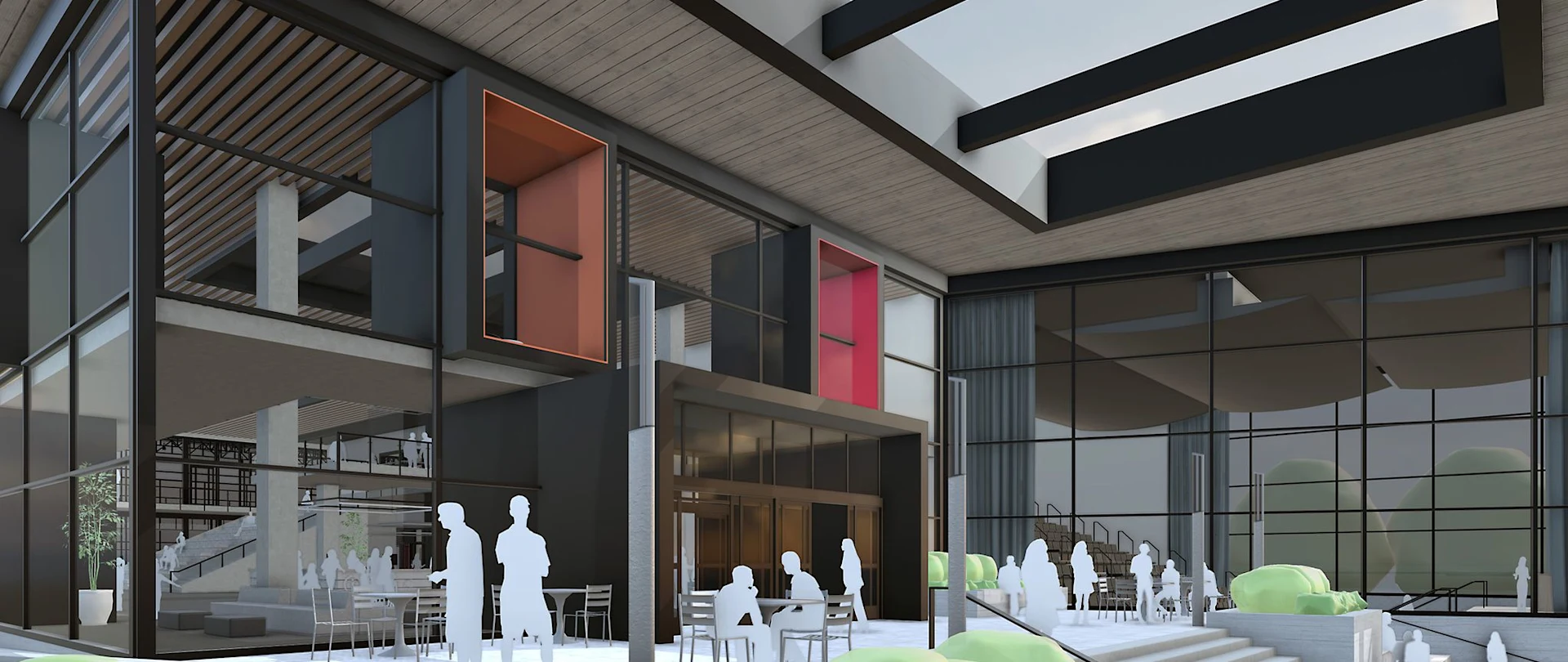 SketchUp model of an exterior commercial space with large windows on every wall, greenery, and many scale figures shown around the space.