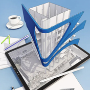 A table with a cup of coffee and an iPad with SketchUp on the screen and appearing to come out of the screen in 3D.