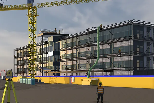 Render created in SketchUp showing a construction site with an in-progress structure surrounded by scaffolding, a yellow crane overhead, and a Trimble scanner on site.
