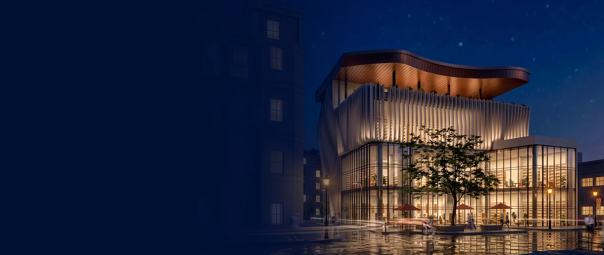 3D architectural rendering of an illuminated modern building with a curved roofline and glass facade at night.
