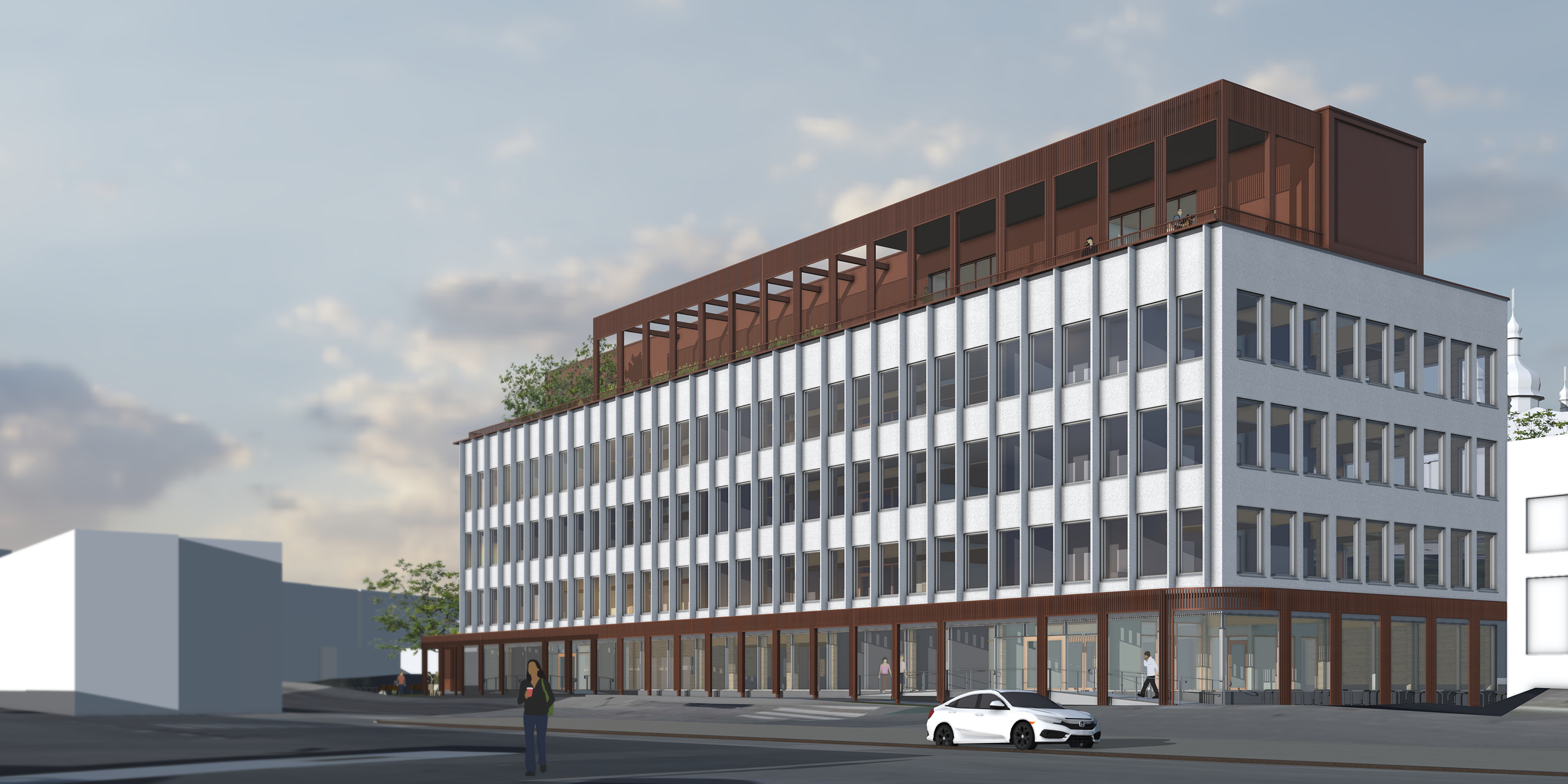 Una representación arquitectónica en 3D de un moderno edificio de oficinas blanco de varias plantas, con plantas superiores revestidas de madera y una fachada a nivel de la calle.