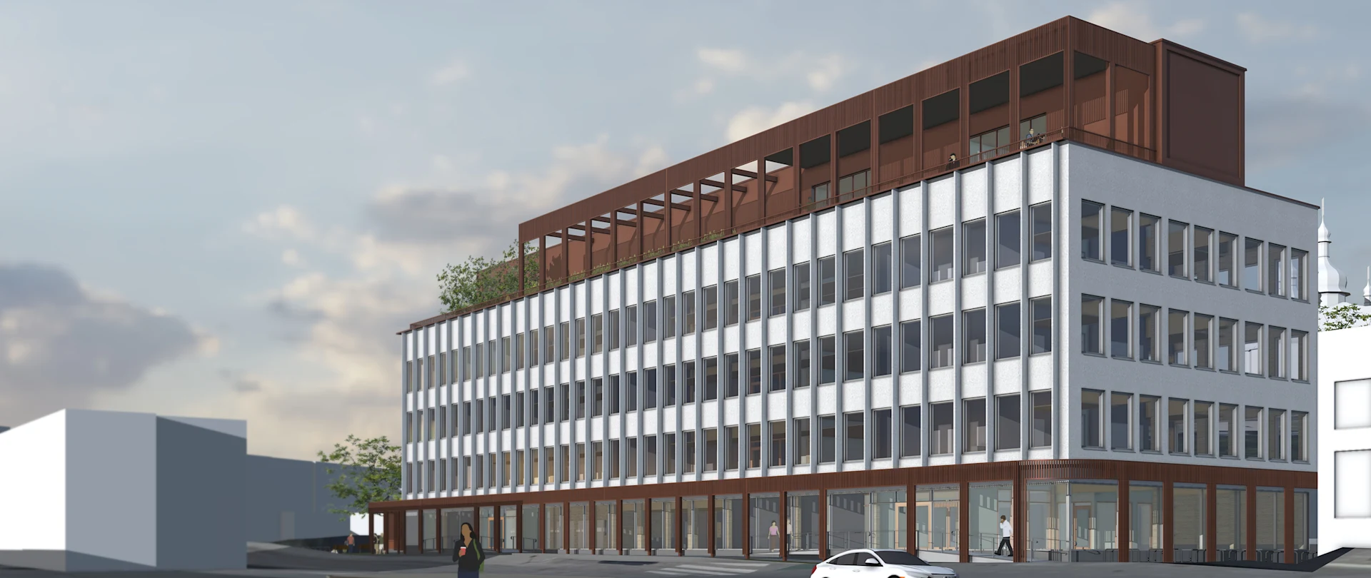 A 3D architectural rendering of a modern white multi-story office building with wood-paneled upper levels and a street-level storefront.