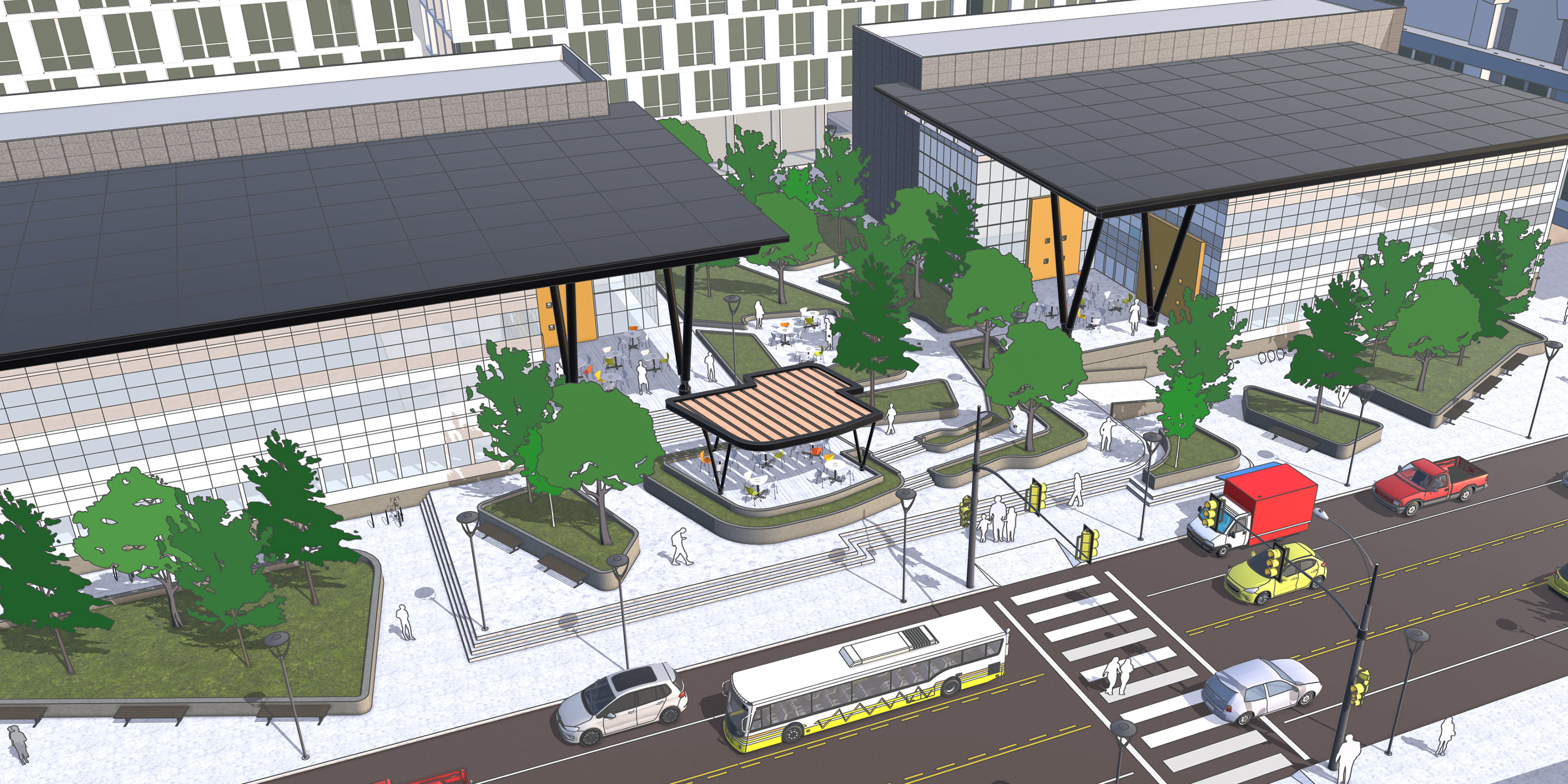 SketchUp-Modell aus der Vogelperspektive, das die Außenansicht eines Geschäftsgebäudes mit einer Straße voller Autos und die umliegende Landschaft zeigt.