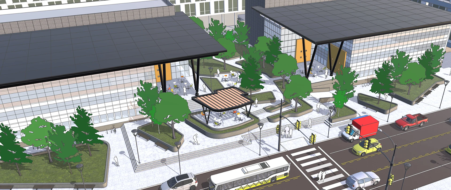 SketchUp model from a bird's eye view showing the exterior of a commercial building with a street full of cars and surrounding landscape.