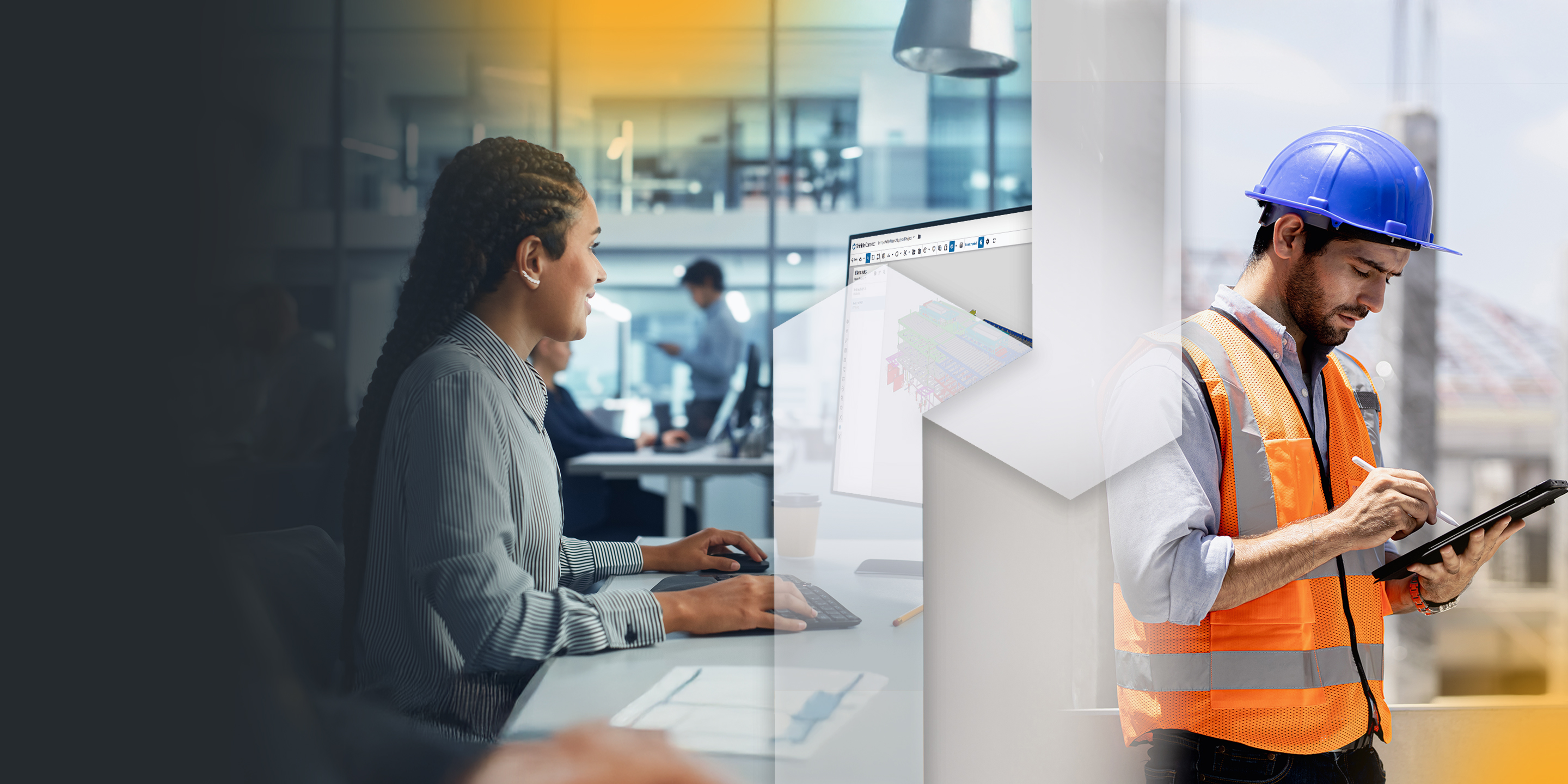 A split image showing an office worker using Trimble Connect software on a computer and a construction worker in a hard hat using a tablet onsite.