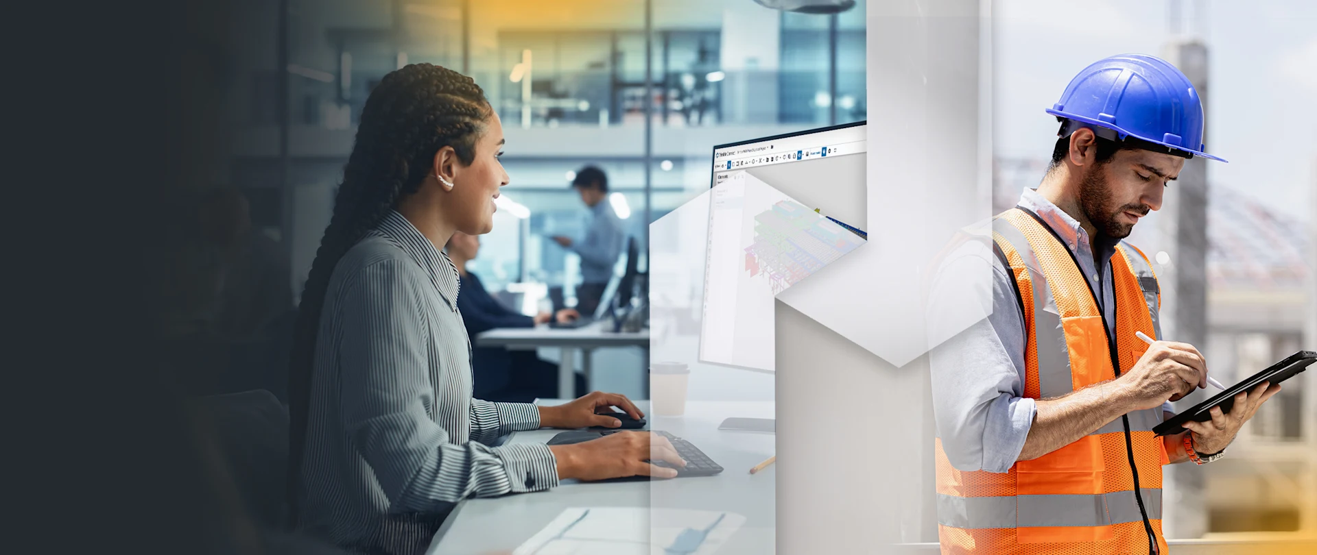 A split image showing an office worker using Trimble Connect software on a computer and a construction worker in a hard hat using a tablet onsite.
