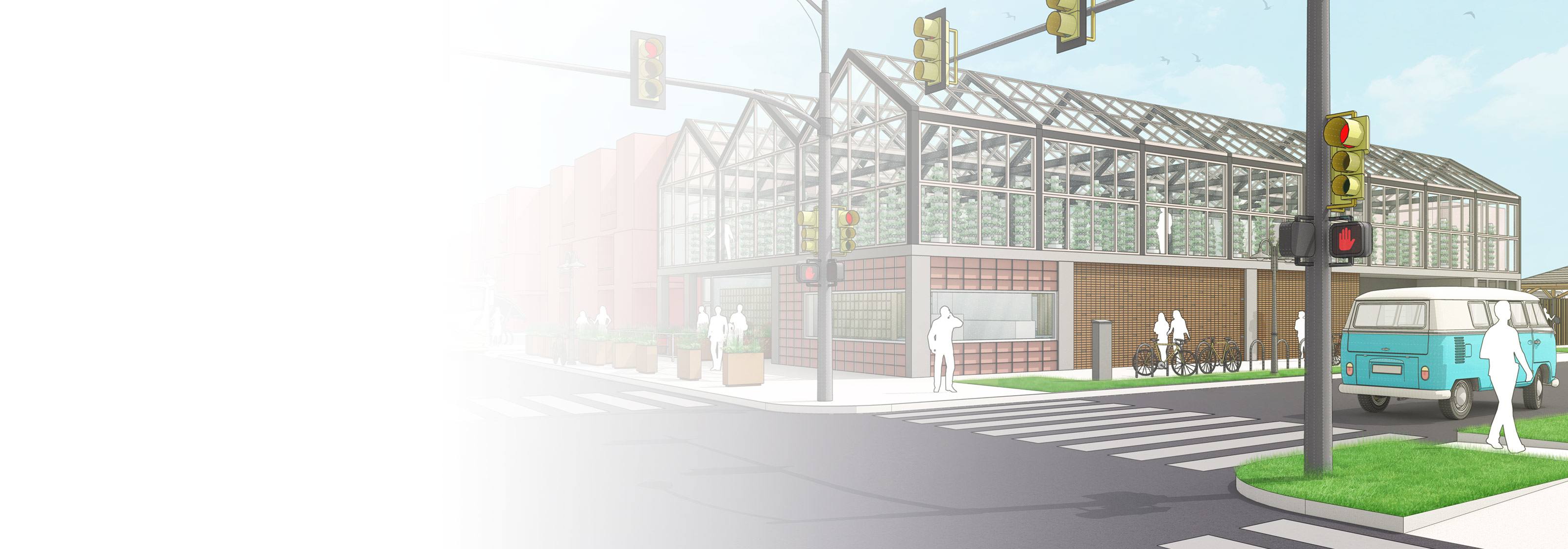 SketchUp 模型呈現了街景中的建築外觀，街上還有一輛車和等比例人物